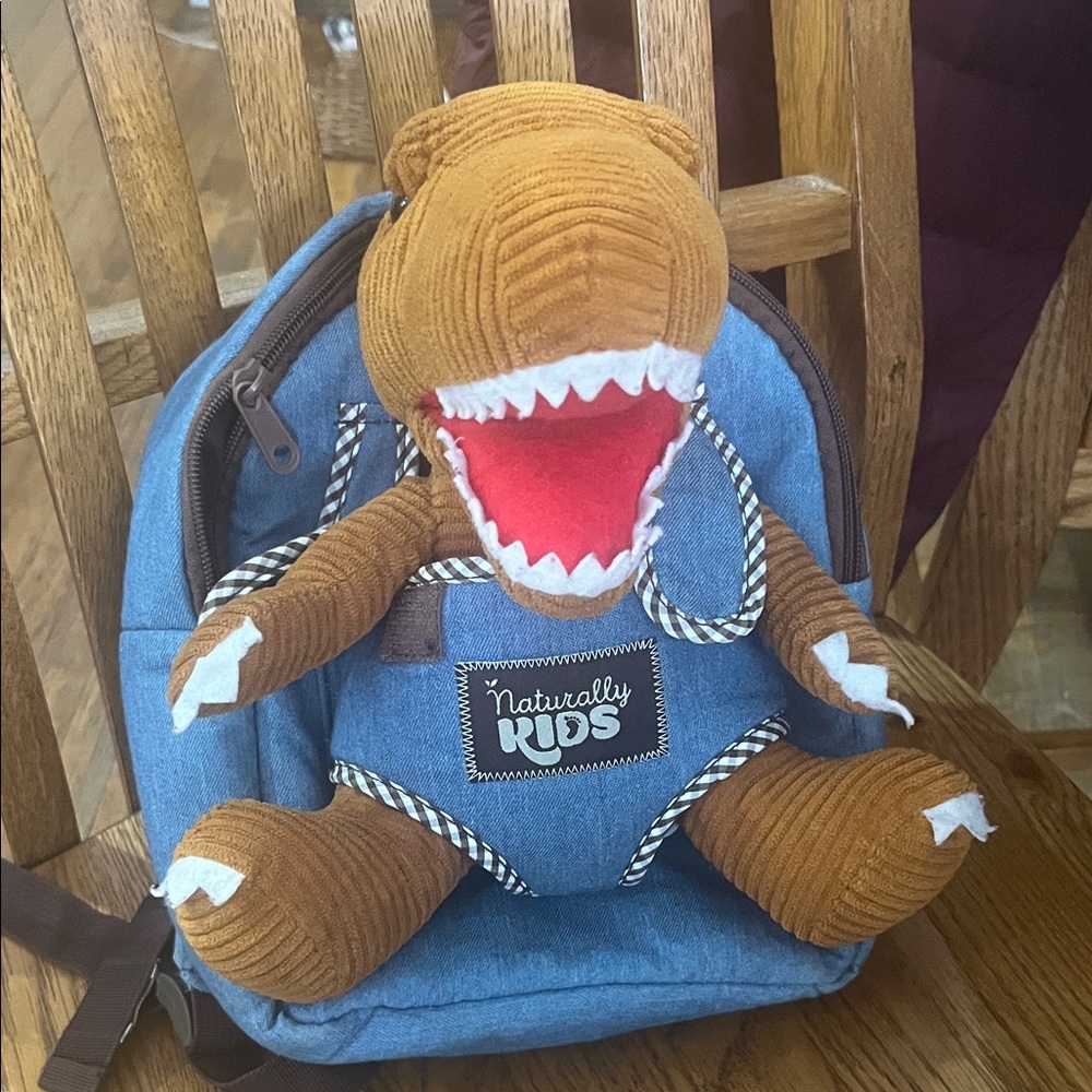 Blue Backpack with Brown Dinosaur Plush